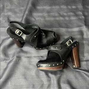 UGG Black Leather and Brown Wood Mules